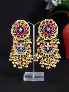 Golden Peacock Navy Blue & Red Floral Drop Earrings