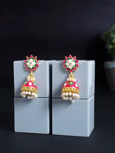 Golden Peacock Pink & Gold-Toned Dome Shaped Jhumkas Earrings