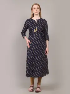 SUTI Women Navy Blue Ethnic Motifs Printed Keyhole Neck Kurta