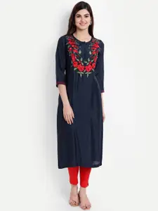 SUTI Women Navy Blue & Red Floral Embroidered Yoke Design Cotton Kurta