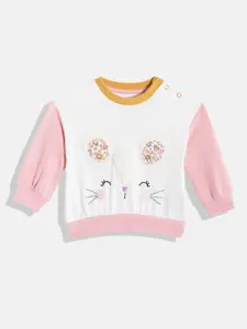 mothercare Girls White & Pink Colourblocked Cotton Round Neck Sweatshirt