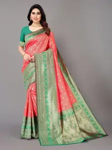 Winza Designer Maroon & Green Ethnic Motifs Zari Silk Blend Banarasi Saree