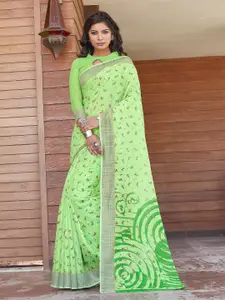 Mitera Green & Orange Floral Zari Silk Cotton Banarasi Saree