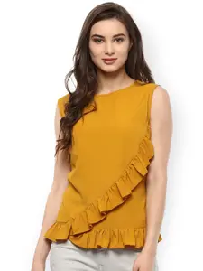 Zima Leto Women Mustard Yellow Solid Top with Ruffled Detail