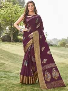 Mitera Magenta & Blue Ethnic Motifs Linen Blend Block Print Saree
