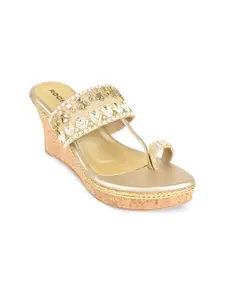 Rocia Gold-Toned Embellished Ethnic Wedge Heels