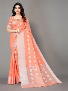 Winza Designer Peach-Coloured & Silver-Toned Ethnic Motifs Zari Silk Blend Fusion Banarasi Saree