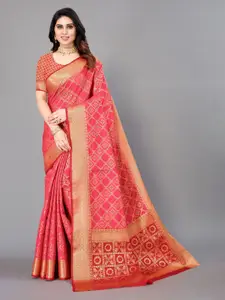 Winza Designer Pink & Red Ethnic Motifs Zari Silk Blend Banarasi Saree