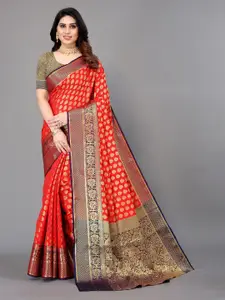Winza Designer Red & Purple Ethnic Motifs Zari Silk Blend Banarasi Saree