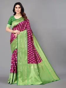 Winza Designer Magenta & Green Ethnic Motifs Zari Silk Blend Banarasi Saree