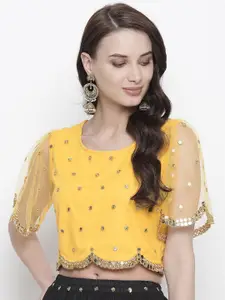 AKIMIA Yellow & Gold-Toned Embroidered Scalloped Crop Top
