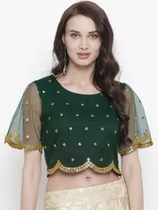 AKIMIA Green & Gold-Toned Embellished Net Crop Top