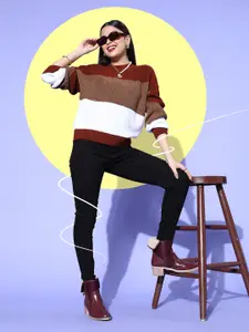 Berrylush Women Brown Striped Knits Bits Sweater