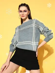 Berrylush Women Attractive Blue Checked Knits Bits Sweater