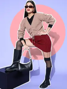 Berrylush Women Peach Solid Knits Bits Sweater