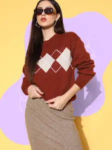 Berrylush Women Brown Geometric Knits Bits Sweater