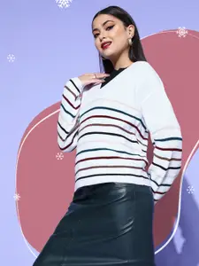 Berrylush Women White Striped Knits Bits Sweater