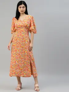 plusS Off White & Orange Floral Midi Dress
