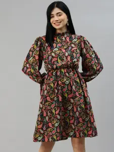 plusS Black & Pink Ethnic Motifs A-Line Dress