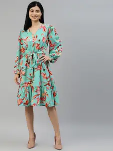 plusS Sea Green & Peach-Coloured Floral A-Line Dress