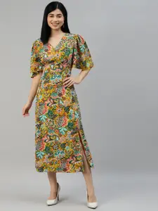 plusS Mustard Yellow & Green Floral Midi Dress