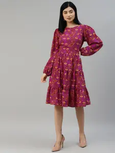 plusS Purple & Yellow Ethnic Motifs A-Line Dress