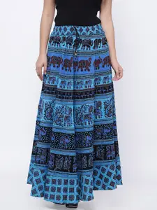 SOUNDARYA Women Blue Printed Wrap-Around Flared Maxi Skirt
