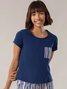 Nykd Women Blue Solid Pure Cotton T-shirt