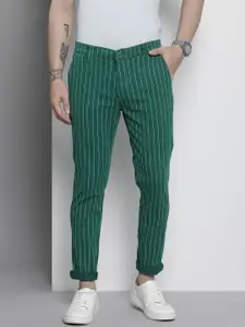 The Indian Garage Co Men Green Striped Slim Fit Chinos