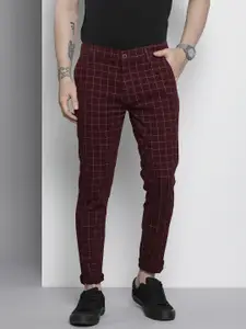 The Indian Garage Co Men Burgundy Checked Slim Fit Chinos