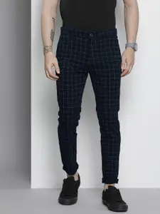 The Indian Garage Co Men Navy Blue Checked Slim Fit Chinos