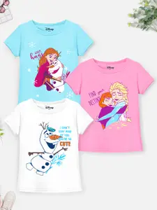 YK Disney Girls Pack of 3 Frozen Elsa Anna & Olaf Printed Cotton T-shirt