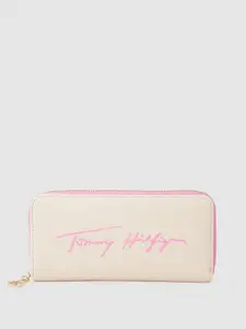 Tommy Hilfiger Women Cream-Coloured & Pink Typography Printed PU Zip Around Wallet