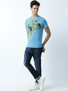Huetrap Men Turquoise Blue Printed Round Neck T-shirt