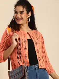 Sangria Women Peach-Coloured Crochet Cotton Button Shrug