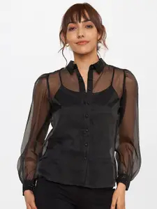AND Women Black Slim Fit Sheer Long Sleeve Polyester Casual Shirt