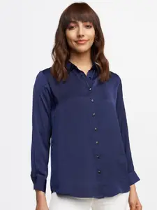 AND Navy Blue Solid Shirt Style Top