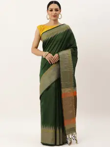 VISHNU WEAVES Olive Green & Orange Woven Design Zari Bhagalpuri Saree