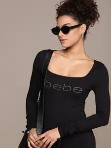 bebe Square Neck Long Sleeves Brand Logo Embellished Bodycon Dress