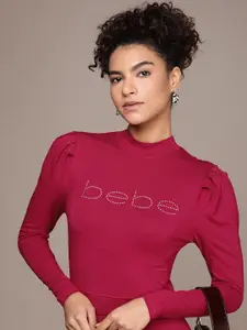 bebe High Neck Brand Logo Embellished Bodycon Midi Dress