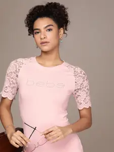 bebe Round Neck Raglan Sleeves Brand Logo Embellished Bodycon Dress