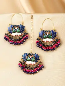 Yellow Chimes Women Multicolored Beads Peacock Meenakari Drop Earrings With Maang Tikka