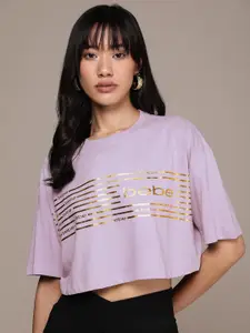 bebe Striped & Brand Logo Detail Drop-Shoulder Sleeves T-shirt