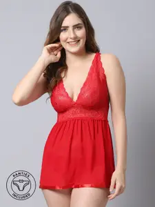 Shararat Red Solid Above Knee Baby Doll Nightwear