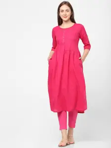 Indifusion Pink Embroidered Linen Midi Dress