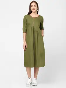 Indifusion Green Floral Embroidered Linen Midi Dress