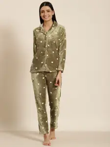 Sweet Dreams Women Olive Green & White Printed Faux Fur Night suit