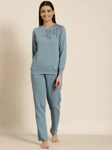 Sweet Dreams Women Blue Embroidered Night suit