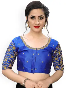 Amrutam Fab Women Blue & Gold Embroidered Silk Saree Blouse
