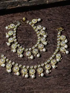Karatcart Gold-Plated Kundan & Pearls Studded Handcrafted Anklets